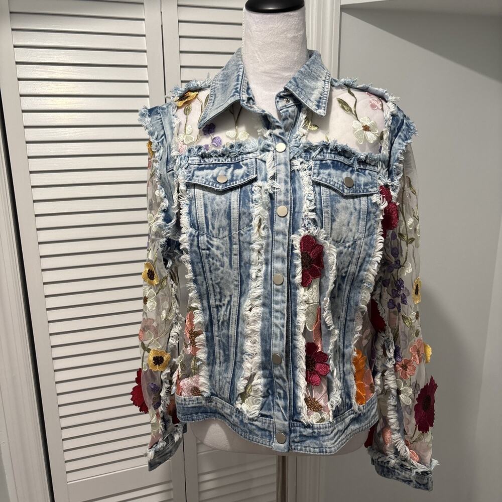 Talk Of The Walk Denim Mesh Sheer Panel Floral Embroidered Jacket Boho NWT Sz M